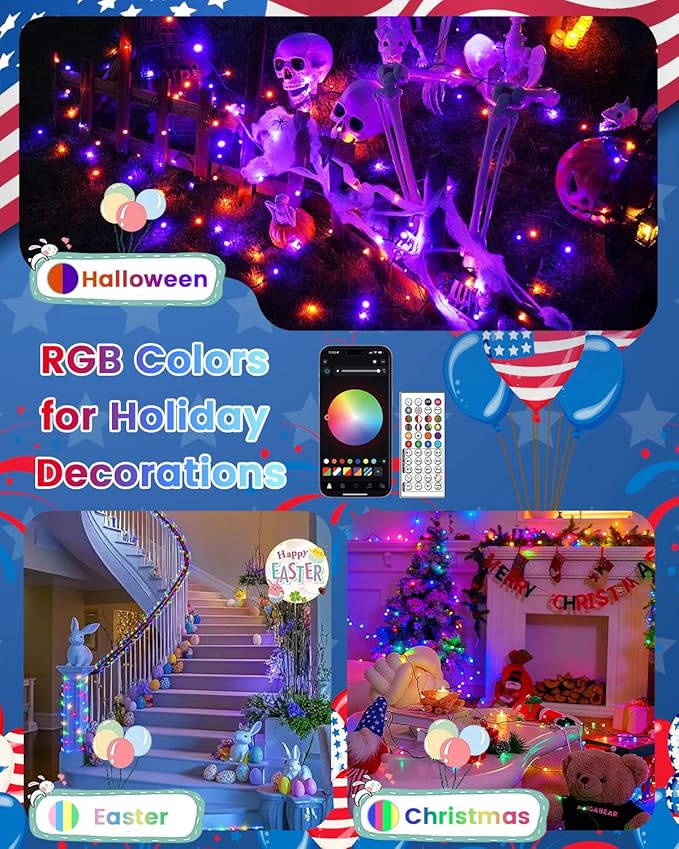 2Pack 400LED Smart 4th of July String Lights | 164FT App Controlled Red White and Blue American Flag Lights, Waterproof Patriotic RGB Color Changing String Lights with Remote Outdoor for Memory Day