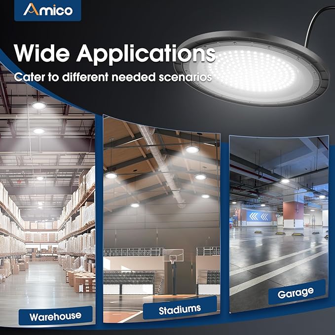 Amico 200W 10 Pack UFO LED High Bay Light 28,000lm 5000K LED High Bay Lights with UL Listed US Hook 5' Cable Alternative to 650W MH/HPS for Gym Factory Barn Warehouse