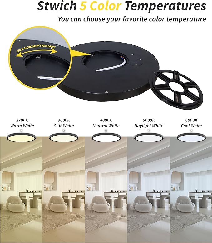 1Pack 16 Inch Dimmable LED Flush Mount Ceiling Light Panel,32W 3480LM,3000K/4000K/6000K CCT Selectable,Ultra Thin Round Black Ceiling Light Fixture for Hallway Kitchen Bedroom Home Office Bathroom