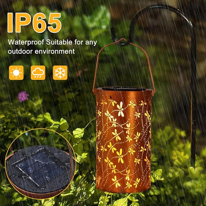 Dragonfly Solar Lanterns Outdoor Waterproof Hanging Lights, Dragonfly Garden Decor Gifts for Women Mom Grandma, Metal Decorative LED Solar Lanterns for Yard Patio Porch Balcony Garden Decor