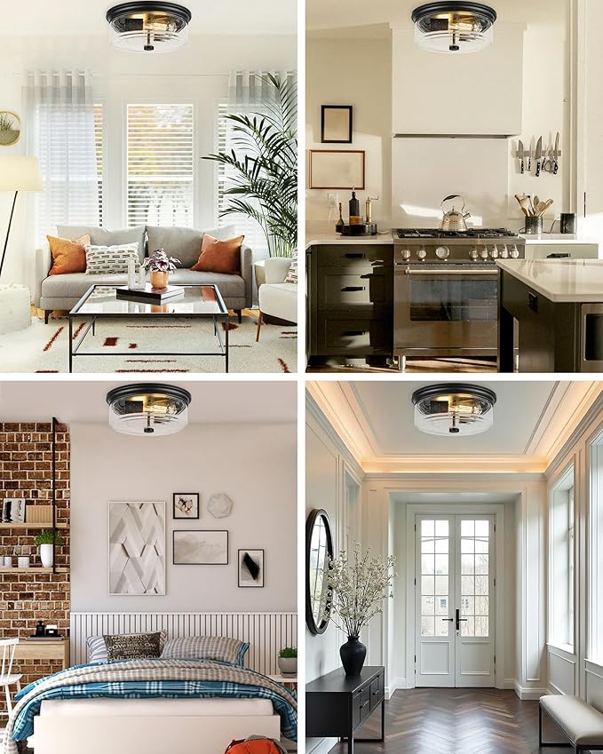 Black Flush Mount Ceiling Light, 12 Inch 2-Light Industrial Farmhouse Ceiling Light Fixture with Seeded Glass Shade, Flush Mount Light for Kitchen, Hallway, Entryway, Bedroom