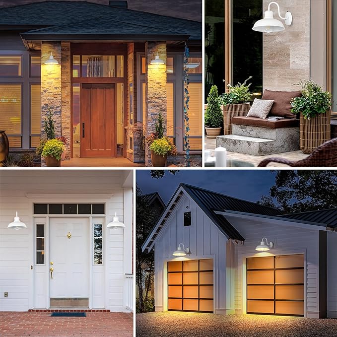 TOBUSA 2-Pack Dusk to Dawn Outdoor Wall Lights, Exterior Farmhouse Gooseneck Barn Light, White Vintage Outside Wall Mount Light Fixture, Waterproof Outdoor Light for House Porch Garage