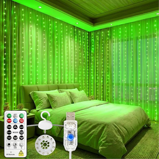 HXWEIYE 300LED Untangled Curtain Lights, 9.8x9.8Ft USB Fairy Twinkle String Lights with Remote and DIY Timer, 8 Modes Window Wall Hanging Light for Bedroom Dorm Backdrop Room Decor, Green