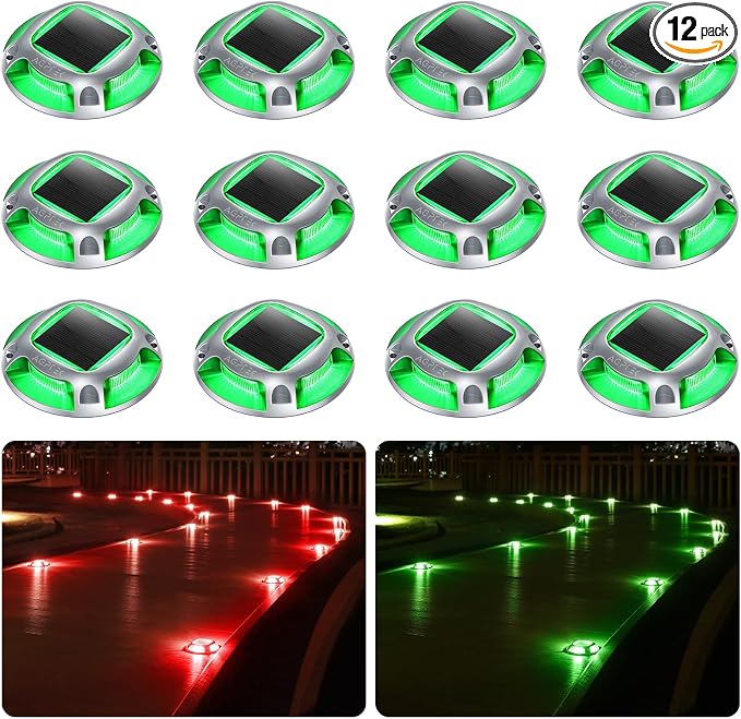 AGPTEK Solar Driveway Lights Outdoor 12 Pack, 2 Color Modes LED Deck Dock Marine Waterproof Security Marker Lights for Step Sidewalk Stair Garden Pathway Walkway Yard(Green/Red)