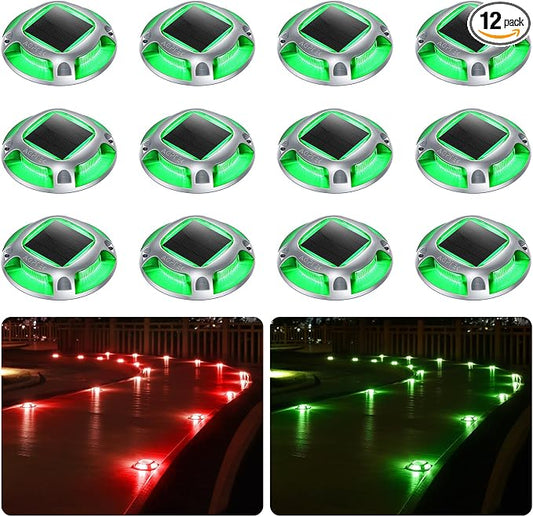 AGPTEK Solar Driveway Lights Outdoor 12 Pack, 2 Color Modes LED Deck Dock Marine Waterproof Security Marker Lights for Step Sidewalk Stair Garden Pathway Walkway Yard(Green/Red)
