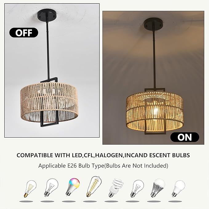 1-Light Boho Light Fixture 12.60" Rattan Pendant Light for Kitchen Island Hand Woven Rustic Dining Room Light Fixture Rattan Pendant Light Fixture