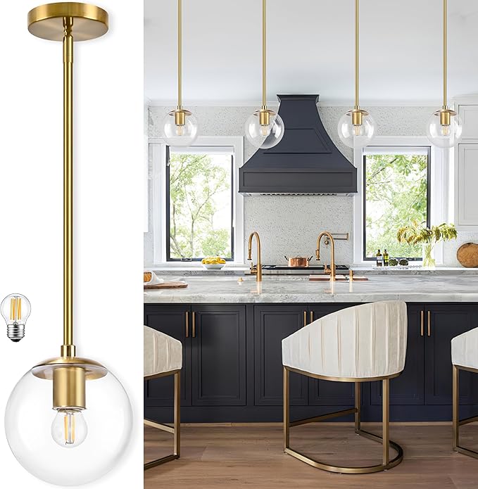 Bagood 6 Inch Globe Pendant Light Gold Mid Century Pendant Light Contemporary Globe Pendant Lights Kitchen Island Clear Glass with Brass Finish Adjustable Hanging Light Fixture for Kitchen Island