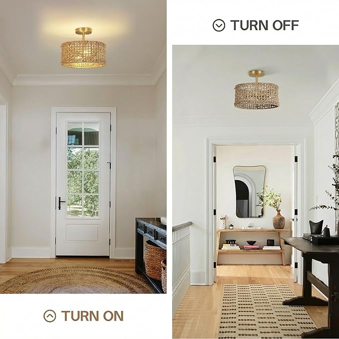 Boho Rattan Ceiling Light Fixture, 12.6" Woven Drum Flush Mount Light, Rustic Farmhouse Wicker Semi Flush Lighting for Bedroom, Kitchen, Living Room, Entryway, Hallway, Modern Coastal Lamp