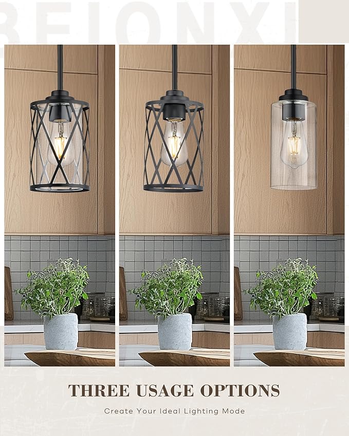 Beionxii Glass Pendant Lights Kitchen Island, Black Modern Kitchen Pendant Lighting Over Island, Farmhouse Industrial Cage Hanging Lighting with Clear Glass for Sink, Dining Room, BX-PL07BK
