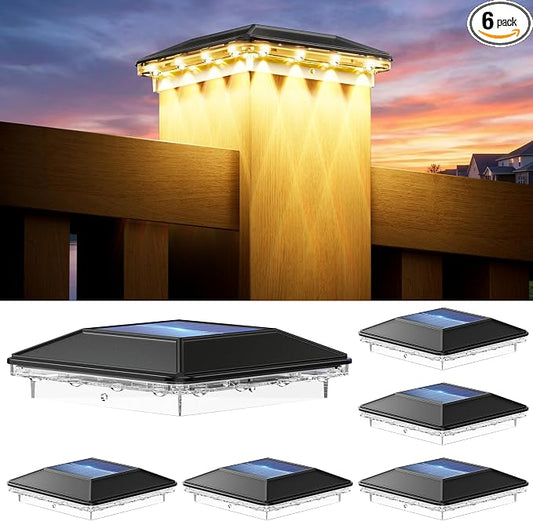 6 Pack 4x4 Solar Post Cap Lights Outdoor, 3 Modes 16 LEDs Fence Post Solar Lights, Focused Lens Deck Fence Post Lights Solar Powered Waterproof Fits 4x4 3.5x3.5 Vinyl Wooden Posts for Deck Porch