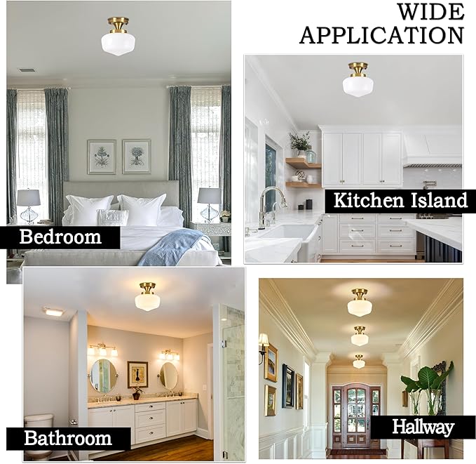 Brass Schoolhouse Ceiling Light 8" Mid Century Lights Fixtures Milk Glass Light Fixture School House Lights Fixture Ceiling Semi Flush Mount Ceiling for Bedroom Bathroom (Bulb Incl.)