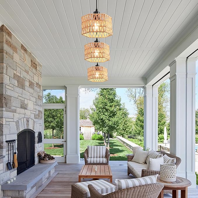 Woven Pendant Light Boho Chandelier, Rattan Pendant Lights Kitchen Island, Farmhouse Pendant Lighting with Hand Woven Wicker Shade, Boho Chandelier Light Fixtures Ceiling Hanging Light