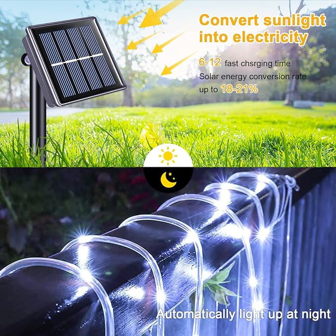 JMEXSUSS 200 LED Solar Rope Lights for Pool, 72ft 8 Modes Solar Rope Lights Outdoor Waterproof LED Solar Powered Rope Tube Fairy Lights for Fence,Gazebo,Yard,Walkway,Path,Garden Decor(White)