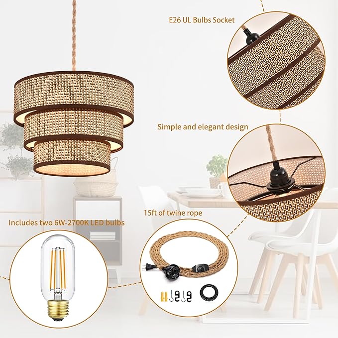 XININSUN Rattan Plug in Pendant Light Boho Wicker Lampshade Hanging Lights with Plug in Cord Plug in Chandelier for Bedroom Kitchen Dining Room Island