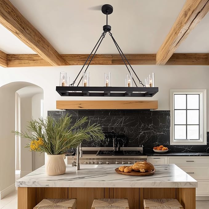 35.4" Farmhouse Rectangle Chandelier for Dining Room, 10-Light Black Hanging Fixture with 59" Adjustable Wires, Rustic Kitchen Island Ceiling Light