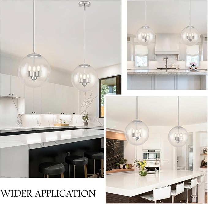 Bagood 14 Inch Globe Pendant Light Nickel Large Globe Pendant Lights Kitchen Island Mid Century Light Fixture with Hight Clear Glass Adjustable Hanging Lights for Living Room Foyer (Bulb Included)