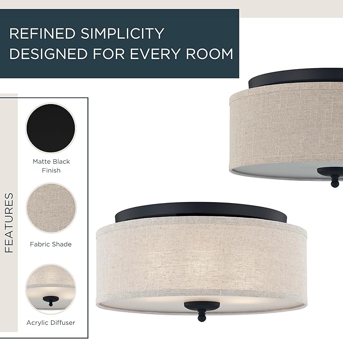 Quoizel Blanche 16" Flush Mount Ceiling Light with Premium Fabric Shade, Matte Black, ETL Damp Rated for Kitchen or Bath