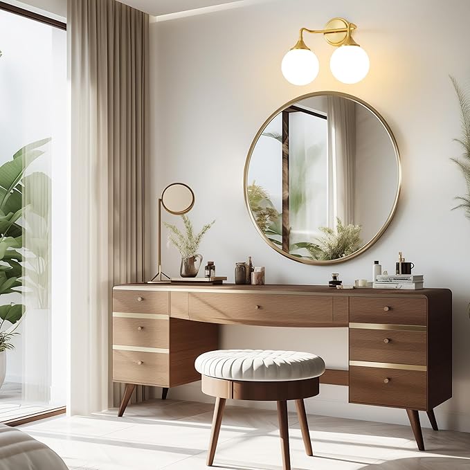 Gold Bathroom Light Fixtures, Modern Vanity Lighting Over Mirror, Mid Century Modern Matte Black Wall Sconce 2-Light with Milky White Glass Ball Shades