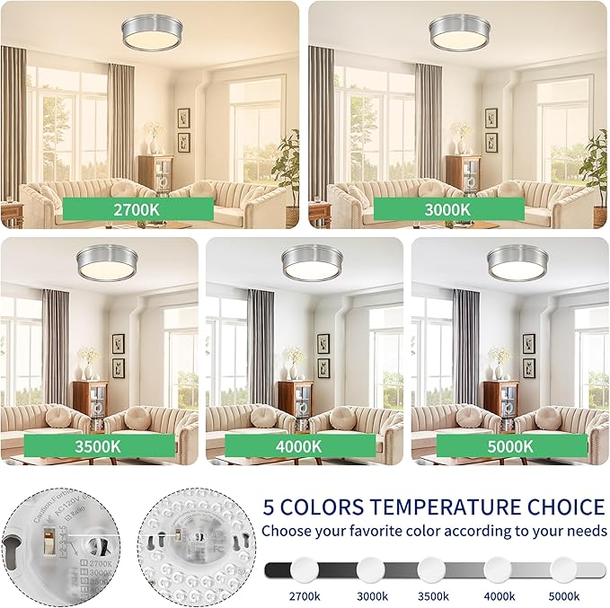 13 inch Flush Mount LED Ceiling Light Fixture, 5CCT Modern Dimmable Lighting for Hallway Bathroom Kitchen Stairwell, 2700K/3000K/3500K/4000K/5000K, Brushed Nickel