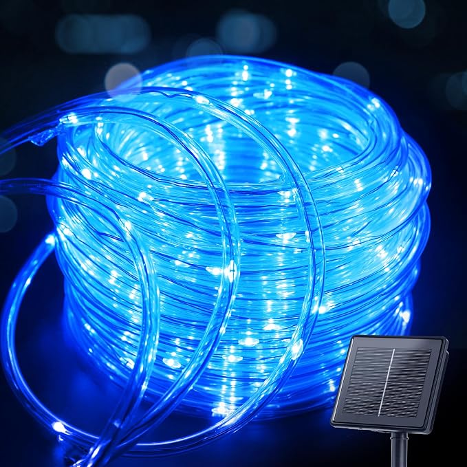 Brightown Solar String Lights Outdoor, 39FT 100 LED Rope Lights Solar Powered with 8 Lighting Modes, Waterproof Solar Patio Lights, Solar String Lights for Outside Tree Yard Halloween Decoration, Blue