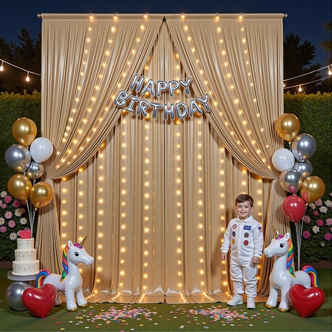 Outpain 10x10ft Champagne Sequin Backdrop Curtains with Light -Lighted Up Champagne Photo Backdrops with Non-Shedding Glitter, Wrinkle-Free Drapes for Wedding/Christmas/Studio(5x10ft 2 Panels)