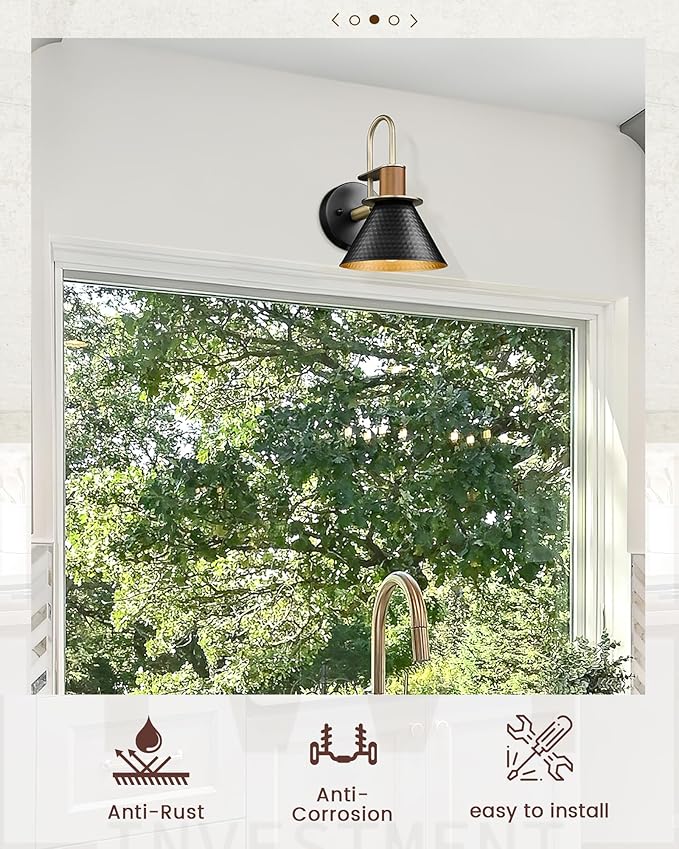 Black Wall Sconce, HWH Industrial Indoor Sconce Light Fixture, Single Wall Vanity Light Black Barn Wall Lamp with Hammered Metal Shade, Black and Gold Finish, 5HZG74B BK+BG