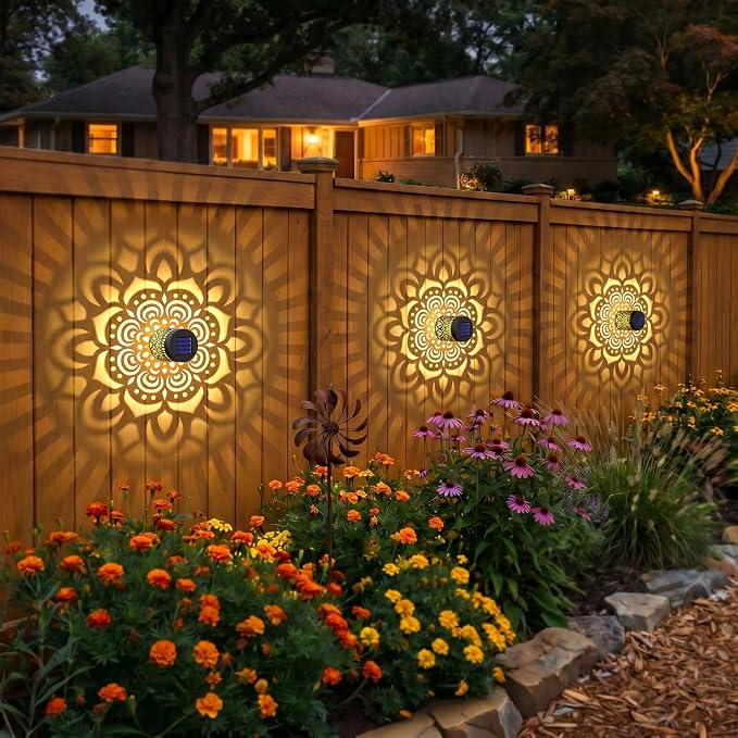 Solar Fence Lights 2 Pack Outdoor Deck Step Wall Lights Metal Waterproof LED Warm Yellow Light for Garden Post Patio Backyard Yard Decor (Mandala-1, 2)