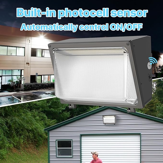 HYPERLITE LED Wall Pack Light: 120W Glass Lens LED Wall Packs Outside Lighting - 18000lm Flood Lights Outdoor with photocell 4 Packs for Area Parking Lot Driveway UL Listed