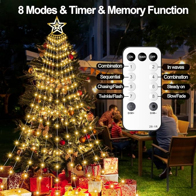 Christmas Decorations Star Lights Outdoor, 11.48ft 350 LED Waterfall Tree Lights with 8 Modes Timer Remote Plug in Christmas Lights for Indoor Yard Patio Home Holiday Party Decor, Warm White