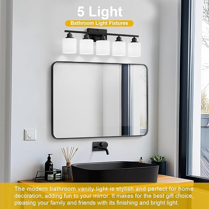 Sailstar 5-Light Bathroom Light Fixtures Over Mirror, Matte Black Vanity Lights, Modern Bathroom Vanity Light, Glass Shade & Anti-Rust Nickel Finished, Bathroom Light for Small Space