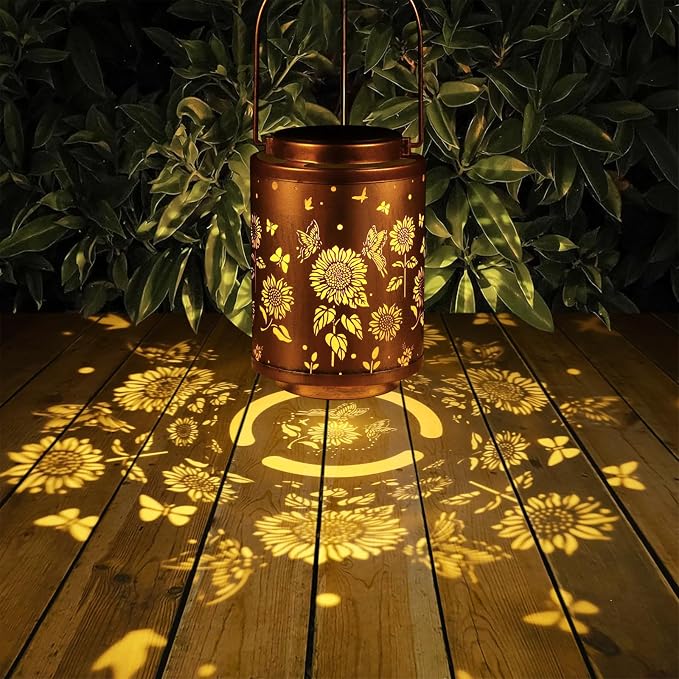 Solar Outdoor Lanterns, Butterflies Garden Decor LED Light Hanging Waterproof Solar Metal Lantern Gifts for Women Mon Grandma Sunflower Solar Lights Outdoor Decoration for Yard