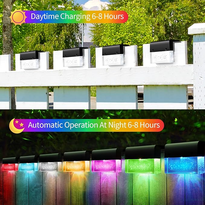 SUNFACE Solar Deck Lights, 8 Pack Solar Fence Lights Outdoor Step Lights Waterproof, Solar Stair Lights with 2 Modes LED, Super Bright Decoration for Patio, Railing, Pool, Yard (Warm White/7Color)