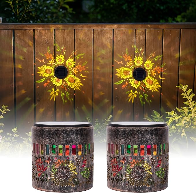 2PCS Decorative Solar Sunflower Lights Outdoor, 2026 New Metal Solar Powered Outdoor Deck Step Wall Lights, Sunflower Theme Waterproof Fence Light (Colored Light)