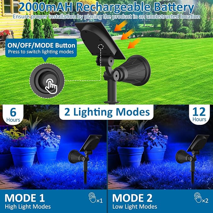 T-SUNUS Blue Solar Spotlights Outdoor 2 Pack, 200LM Landscape Lighting Waterproof IP65, Adjustable Spot Lights Auto On/Off 2 Modes for Yard Garden Tree Halloween Christmas Decoration Pond Flag Pool