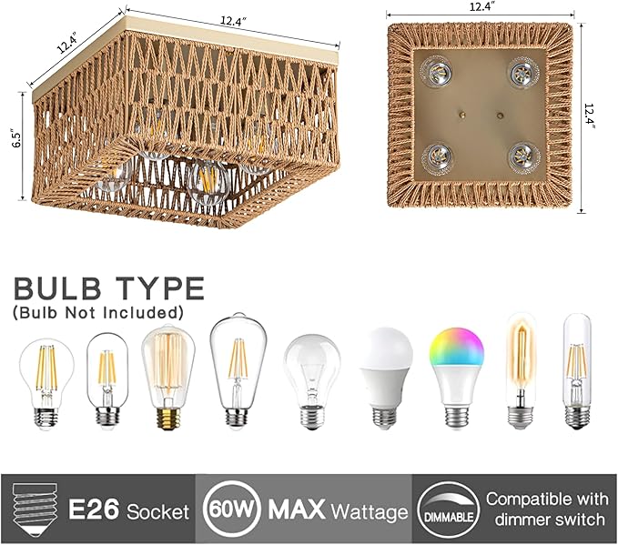 Rattan Ceiling Light, 4-Light Boho Light Fixture, Square Flush Mount Ceiling Light for Bedroom, Hallway, Entryway, Kitchen, Living Room