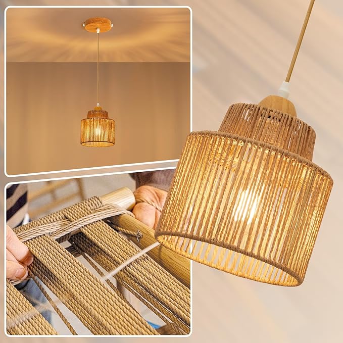 Boho Rattan Pendant Light Kitchen Island,Farmhouse Chandeliers Adjustable Height Hanging lamp for Dining Room,Kitchen Ceiling Lights Fixtures with Round Woven Wicker Lampshade Lighting