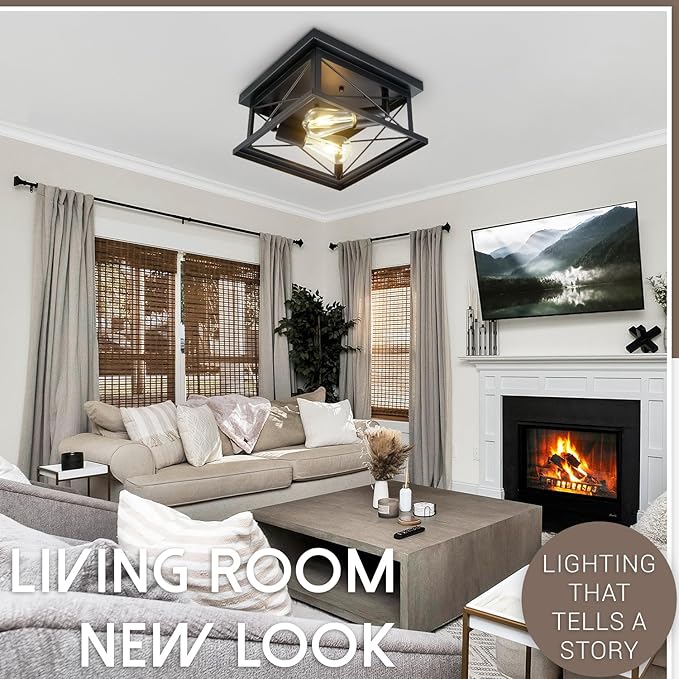 Hamilyeah Industrial Flush Mount Ceiling Light Fixture Black, Farmhouse Close to Ceiling Light Fixture for Bedroom, Living Room, Porch, Hallway, Outdoor, Kitchen Lights Ceiling Mount