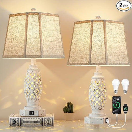 Lamps for Night Stands Set of 2-23.5" Bedside Lamp with USB A+C and Nightlight - Rustic Farmhouse Table Lamp for Bedrooms, End Tables, Living Room - French Country Decor, Bulbs Included, Cream
