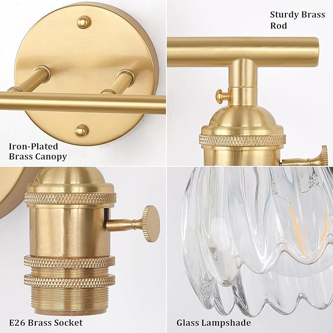 Shenmoyl Bathroom Light Fixtures, 2-Light Brass Vanity wall Light Over Mirror with Clear Tulip Glass Shade for Bedroom Living Room (Bulb Not Included)