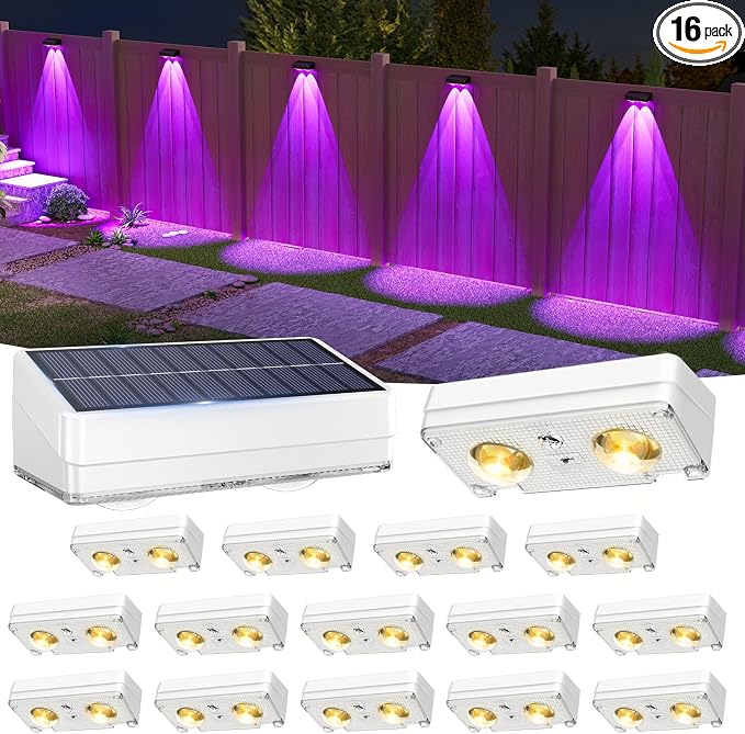 VOLISUN Solar Fence Lights 16 Pack, Warm White, Cool White and RGB Color Glow LED Lamp, IP65 Waterproof Fence Solar Lights Outdoor for Patio, Backyard, Railing, Deck and Wall（White）