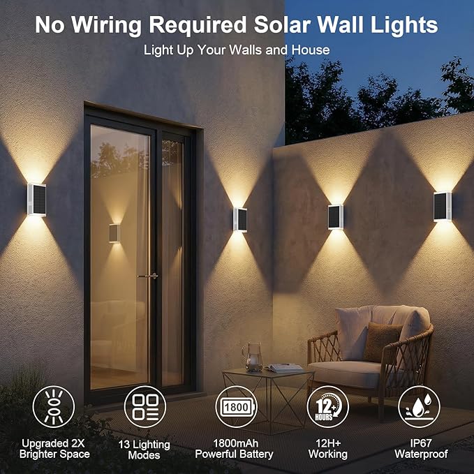 Solar Wall Light Outdoor,3000/4500/6000K/RGB 13 Modes Dusk to Dawn Lighting Solar Sconce Lights IP67 Waterproof Up and Down Solar Lights Outdoor for House /Porch/Fence/Patio/Garage-White Shell (8PCS)