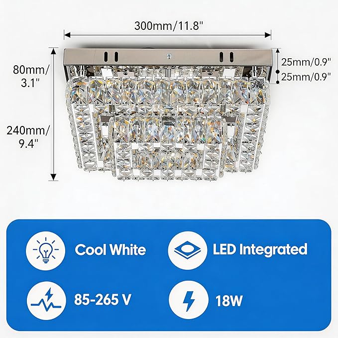 Finktonglan Modern 2-Tier Crystal Flush Mount Ceiling Light, 11.8" Rectangular LED Ceiling Fixture with Multi-Faceted Crystal Prisms, Cool White, 24W Low Profile for Kitchen Dining Hallway