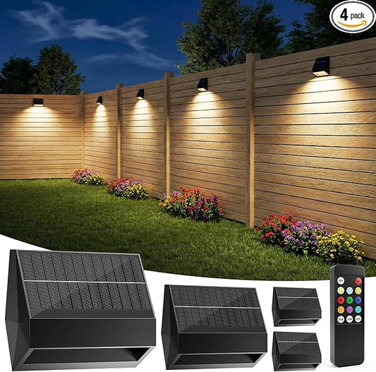 Bridika 4 Pack Solar Fence Lights, 100 Lumen Ultra Bright with Remote Control, 9 Colors & 3 Modes, 1500mAh Solar Lights Outdoor, IP65 Waterproof Solar Wall Lights for Backyard, Patio, Deck, Garden