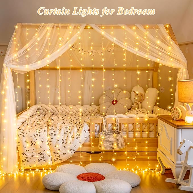 JMEXSUSS Curtain Lights 200 LED with 8 Modes | Remote Curtain Fairy Lights, USB String Lights, for Bedroom, for Classroom, for Wedding, 8 Modes, 6.5ftx6.5ft, Warm White