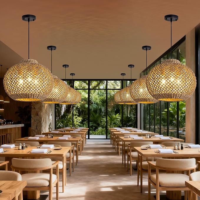 Farmhouse Rattan Chandelier 17” Boho Natural Seagrass Hanging Pendant Lights 3-Lights Hand-Woven Wicker Dining Room Light Fixture for Kitchen Island Entry Living Room Bedroom Hallway
