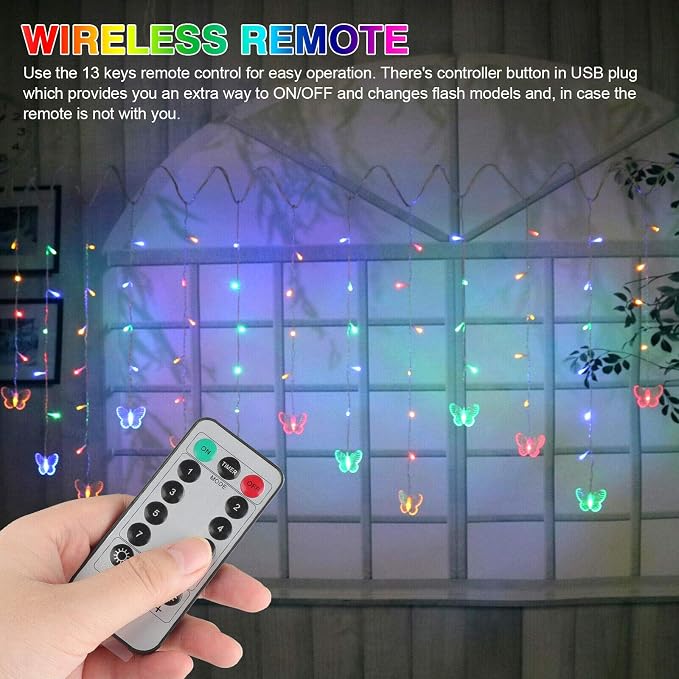 Lainin 12ft/3.5M USB Powered 8 Modes Butterfly Curtain Night Light Strip Icicle Fairy String Light, Perfect for Room Garden Wall Christmas Wedding Indoor/Outdoor Party Decoration - Multi Color