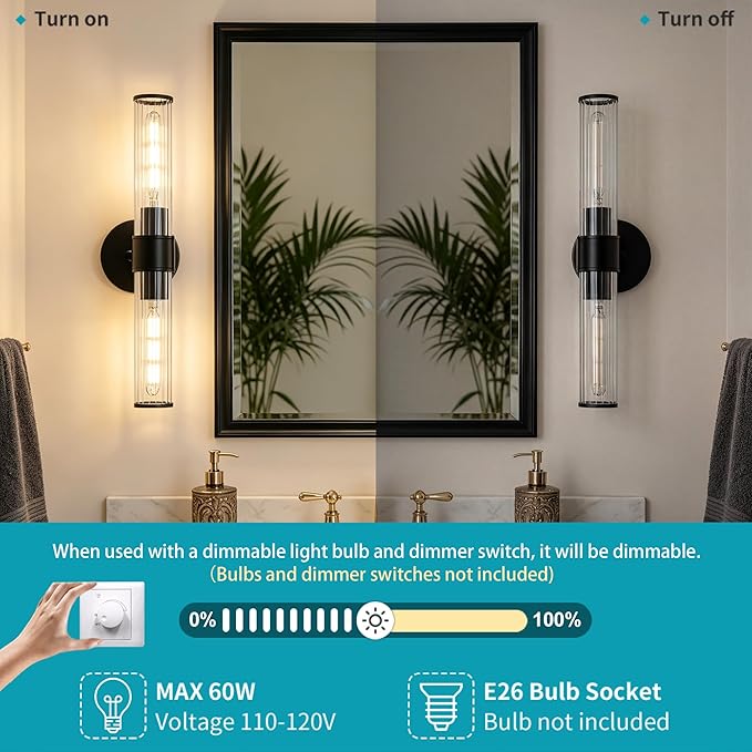 Bathroom Light Fixtures 2 Pack Hardwired, Black Wall Sconce Threaded Glass Vanity Light Featuring Two E26 sockets, Bathroom Wall Light Dimmable - Bulb Not Included, UL Certification
