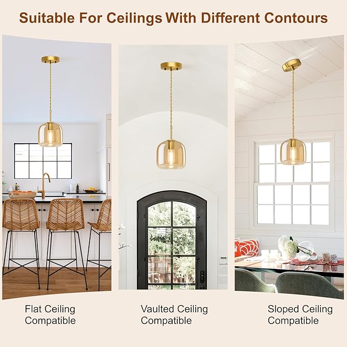 Pendant Lights Kitchen Island 2 Pack,Vintage Pendant Light Fixture with Amber Glass Shade,Gold Vintage Pendant Light for Dining Room,Kitchen Island,Hallway,Living Room and Coffee Shop