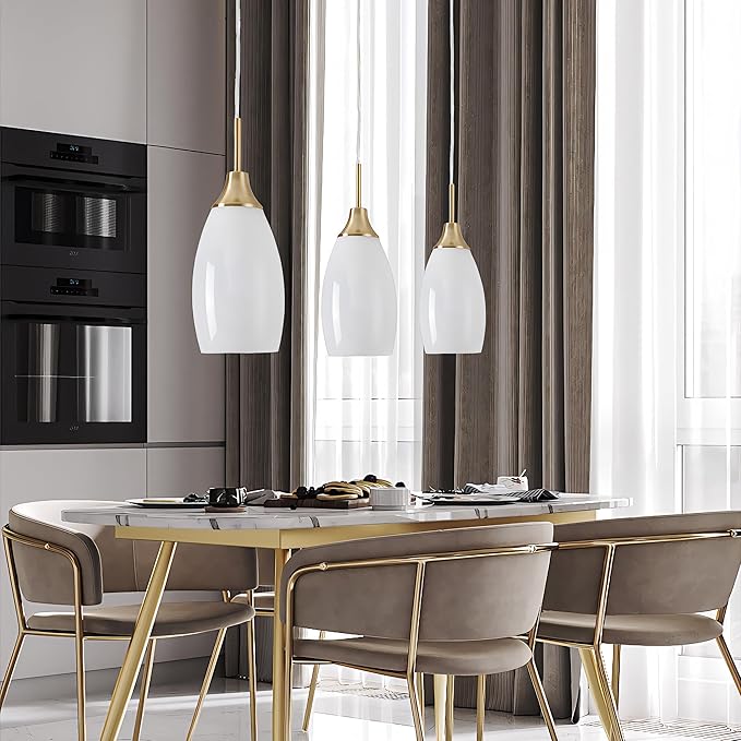 Viinew Mini Glass Pendant Light 3-Pack Handblown Art White Swirl Oval Hanging Pendant Lamp 4.72" Glass Chandelier for Kitchen Island Dining Room Living Foyer Hallway Entry Brushed Gold Finish