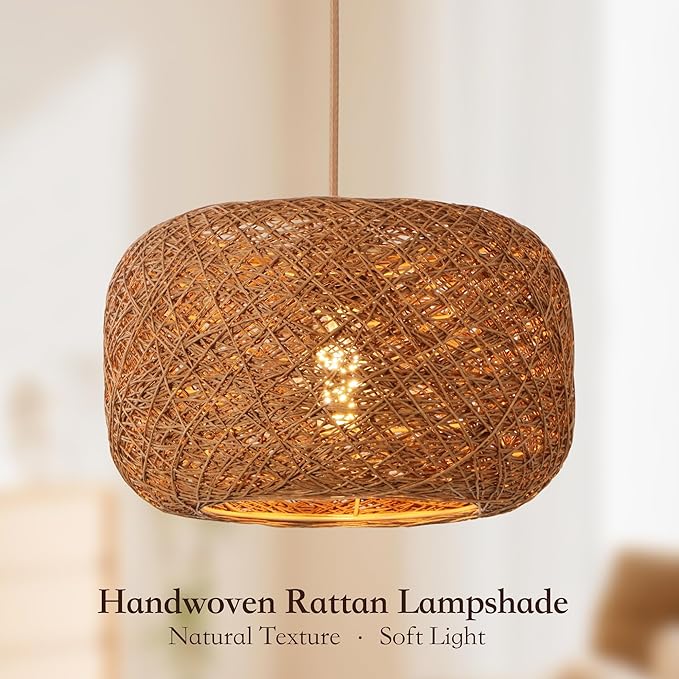 Plug in Pendant Light with Woven Rattan Lampshade, 12” Boho Hanging Lamp with 15FT Cord & On/Off Switch, E26 Socket, Ceiling Hook Installation for Bedroom Living Room Dining Nook Apartment
